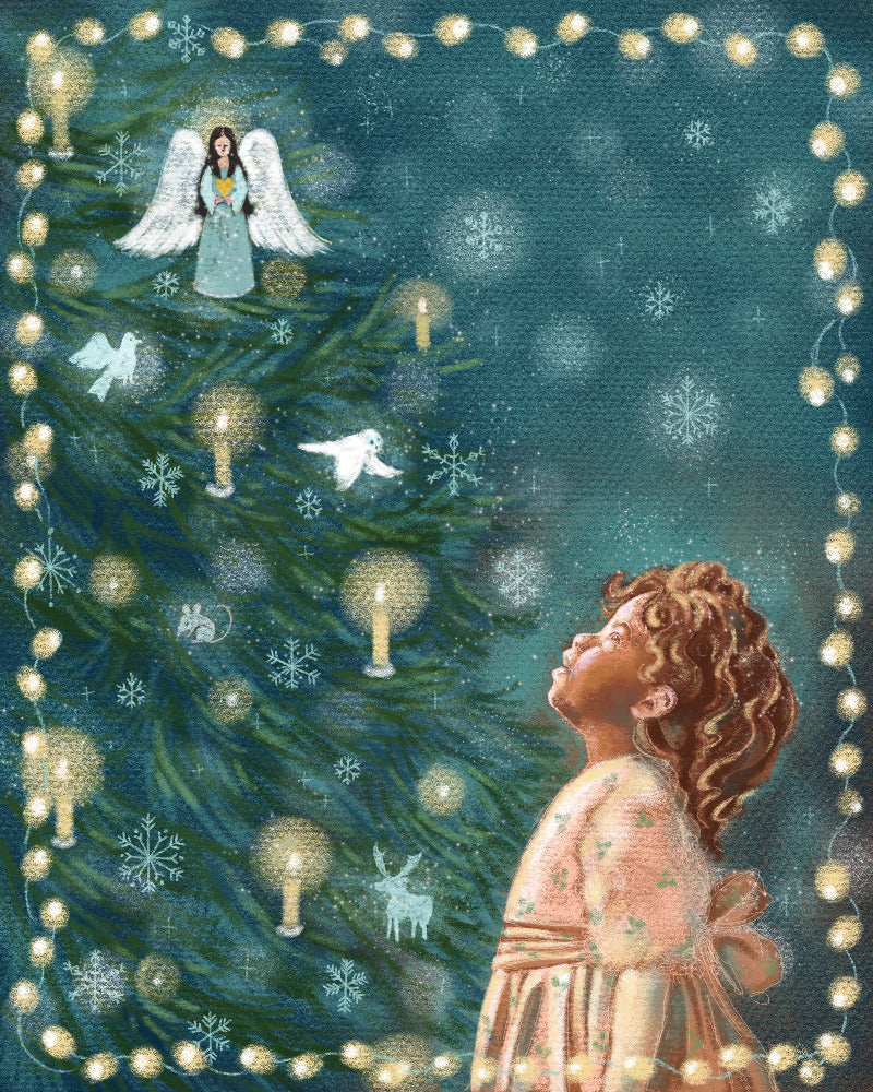 Illustration of a child looking up at a decorated Christmas tree with angels and lights.