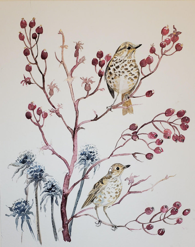 Two birds perched on branches with red berries and blue flowers on a light background