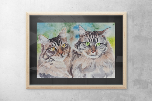 Framed artwork of two cats on a gray wall
