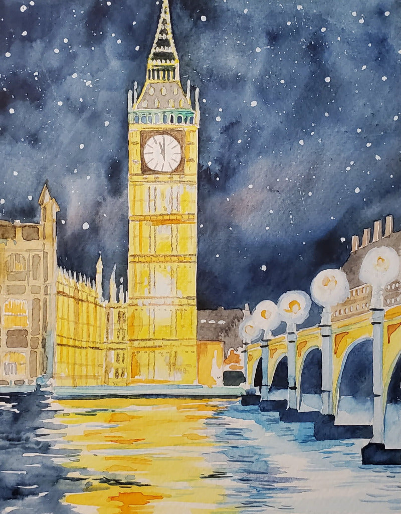 Watercolor painting of Big Ben at night with a starry sky and reflected lights.