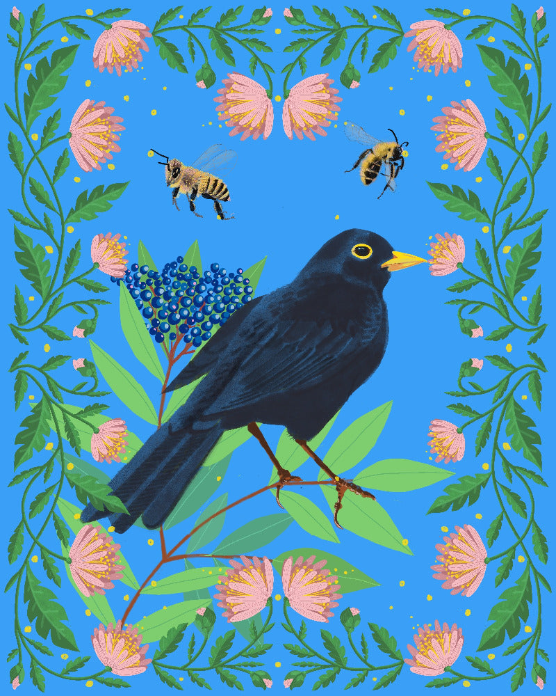 Illustration of a black bird on a branch with flowers, bees, and leaves on a blue background
