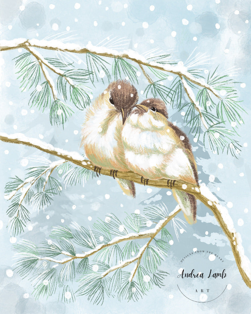Two birds perched on a branch with a snowy background, artwork by Andrea Lamb.