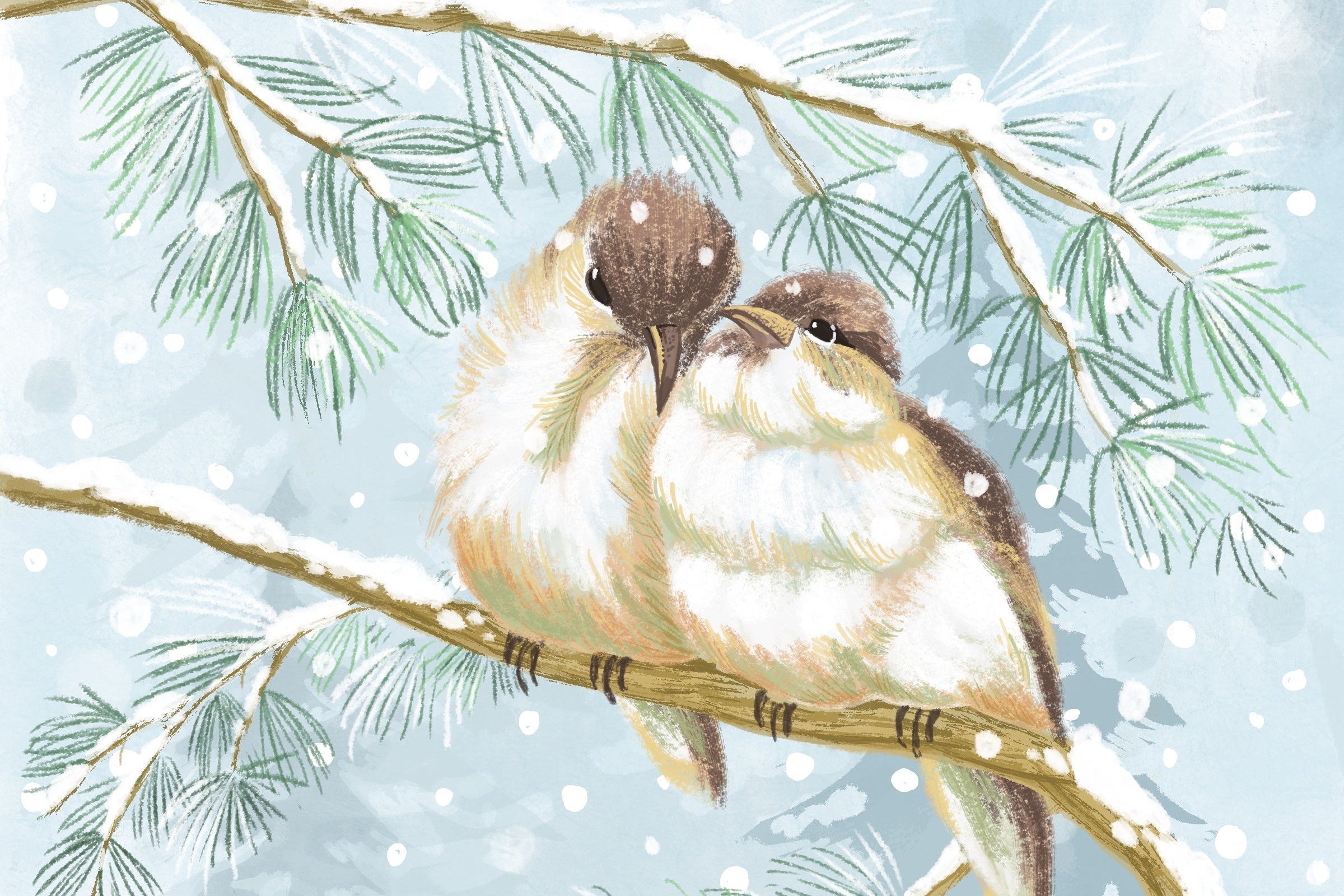 Two birds perched on a branch with a snowy background, artwork by Andrea Lamb.