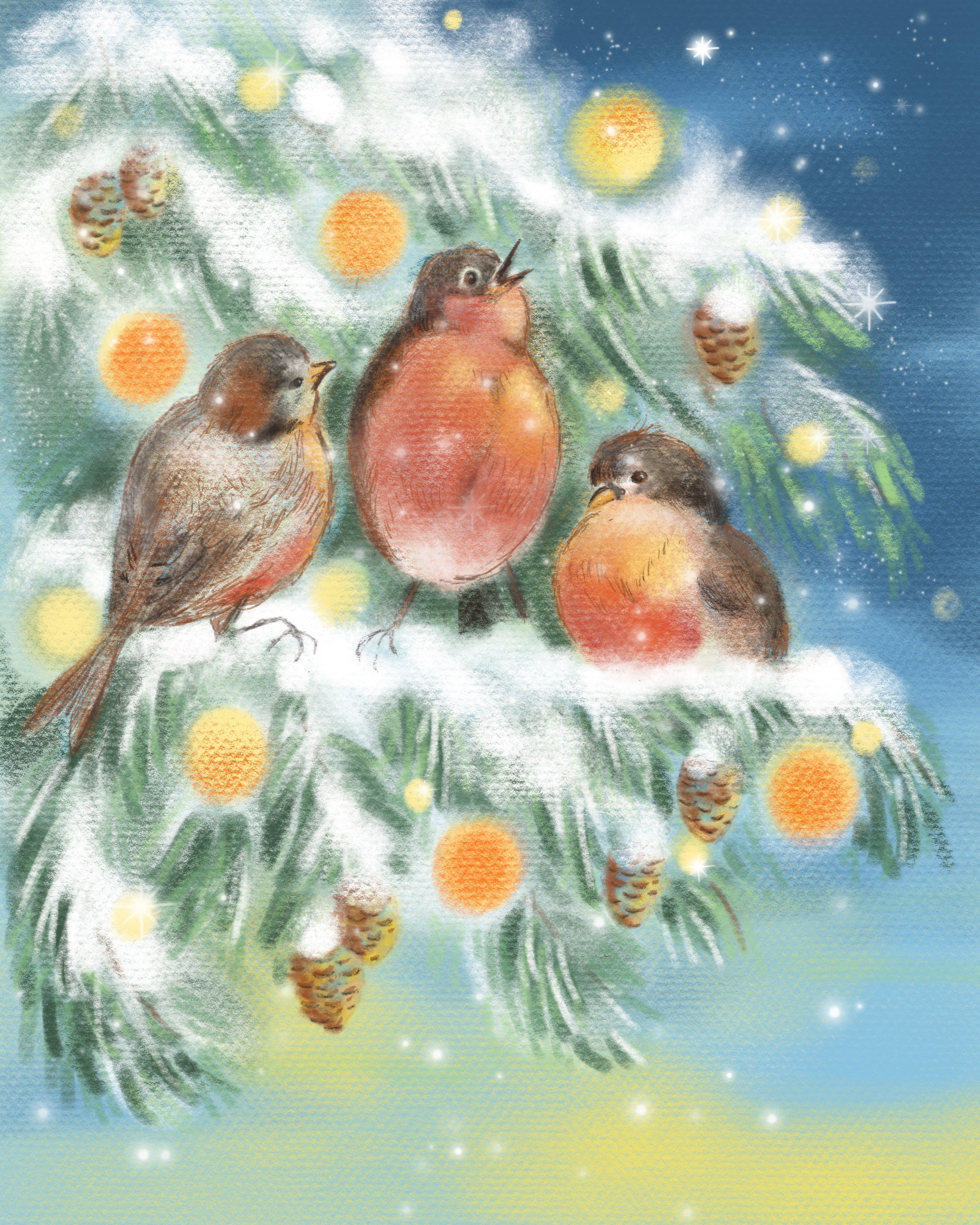 "Holiday Cheer" Robins Giclee Print 5x7