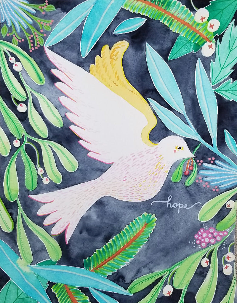 Decorative artwork of a dove with leaves and flowers on a dark background