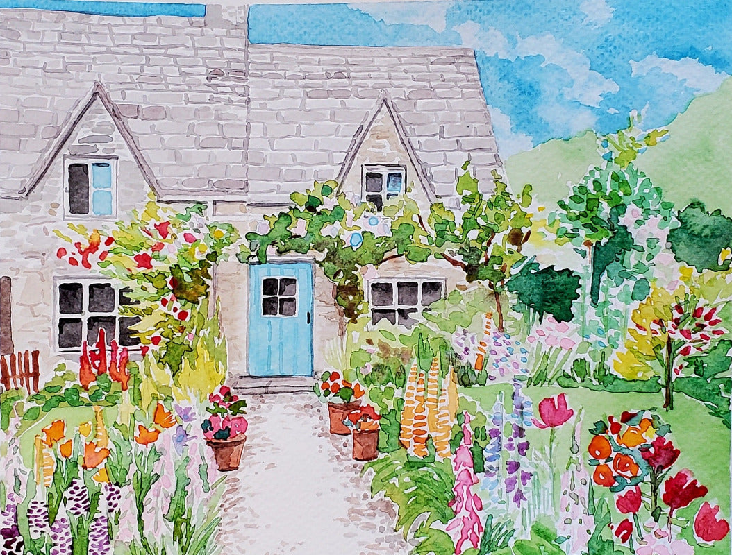 Colorful illustration of a garden in front of a stone house with a blue door.