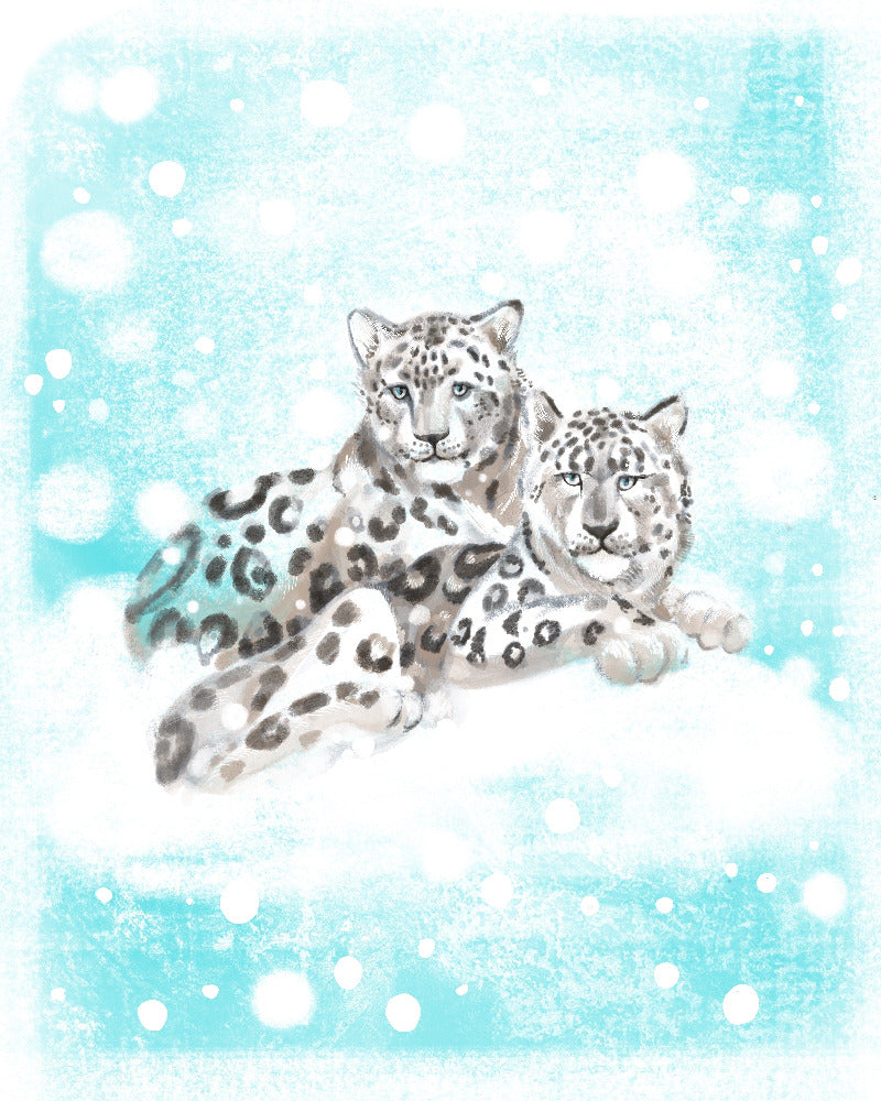 Two snow leopards on a snowy background