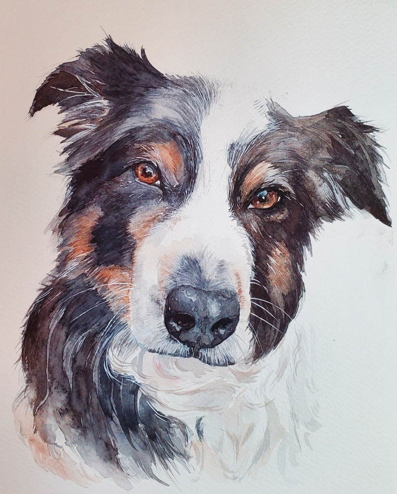 Artistic painting of a dog's face with brown, black, and white colors on a beige background.