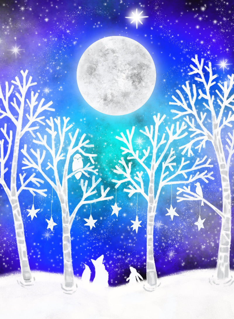 Winter scene with snow-covered trees, a full moon, and stars against a blue sky.