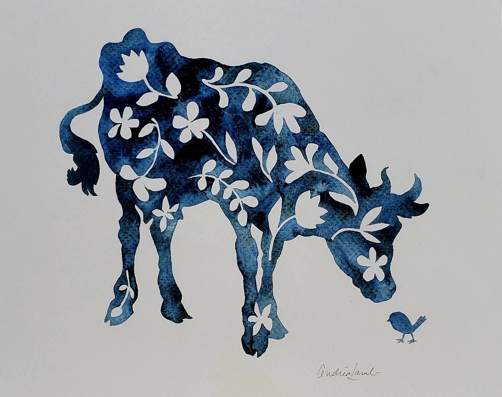 Blue and white floral cow illustration on a gray background