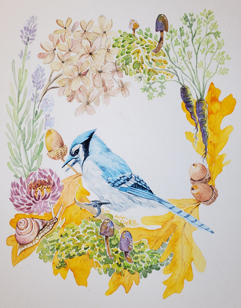 Illustration of a blue jay bird surrounded by flowers, leaves, and snails on a white background.