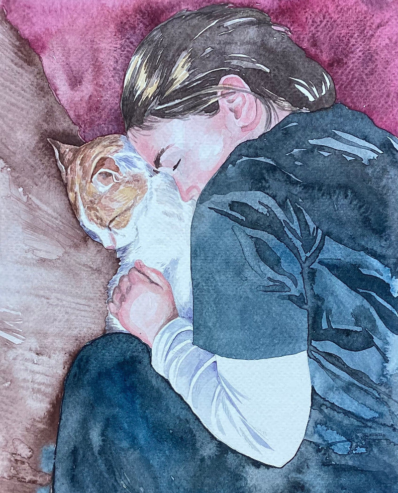 Illustration of a person hugging a cat on a pink background