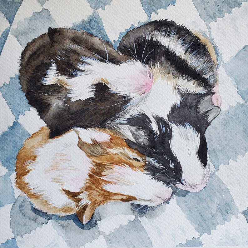 Artistic depiction of three guinea pigs on a textured blue and white background