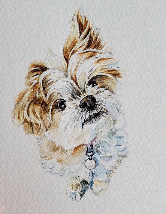Hand-drawn illustration of a dog on a white card held by a hand.