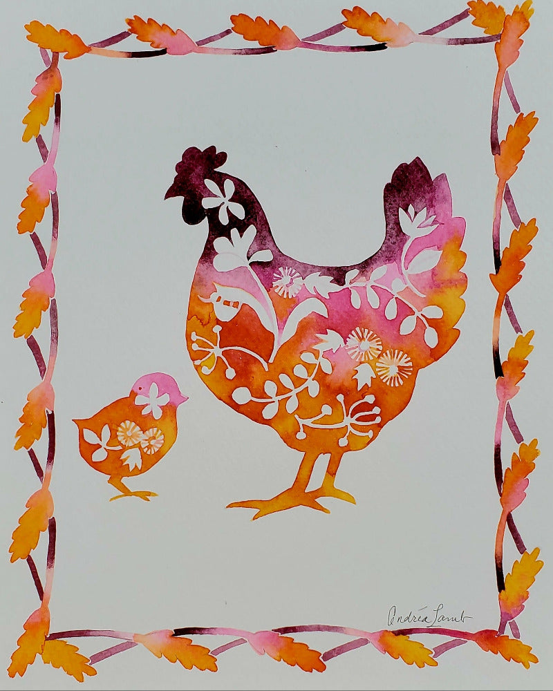 Colorful illustration of a rooster and chick with decorative border on a white background