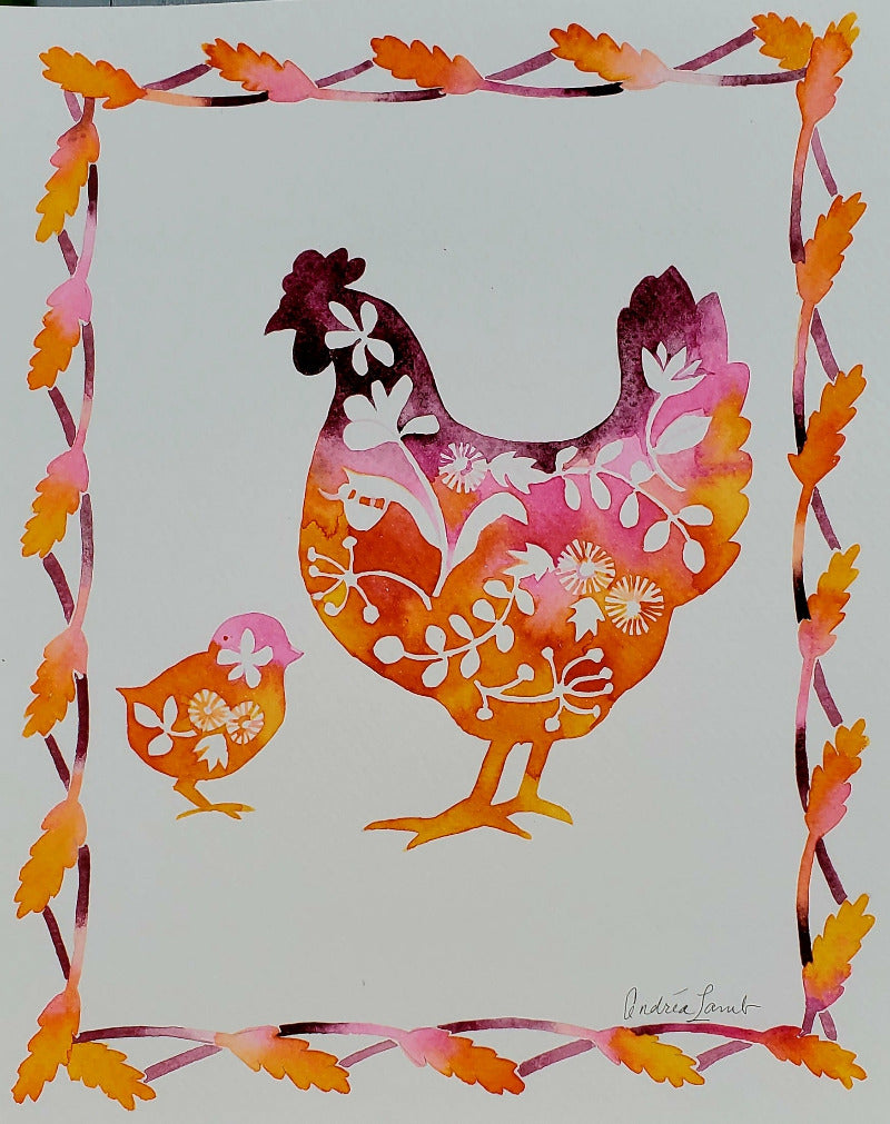Colorful illustration of a rooster and chick with decorative border on a white background