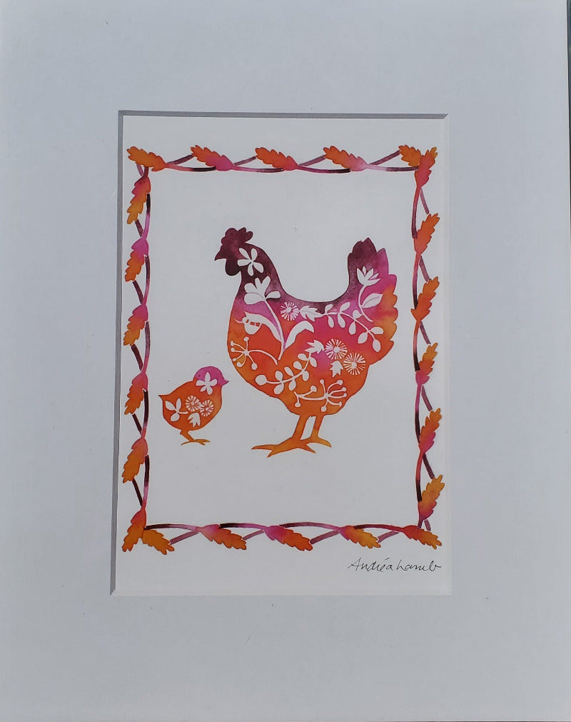 Decorative illustration of a hen and chick with floral patterns on a white background.