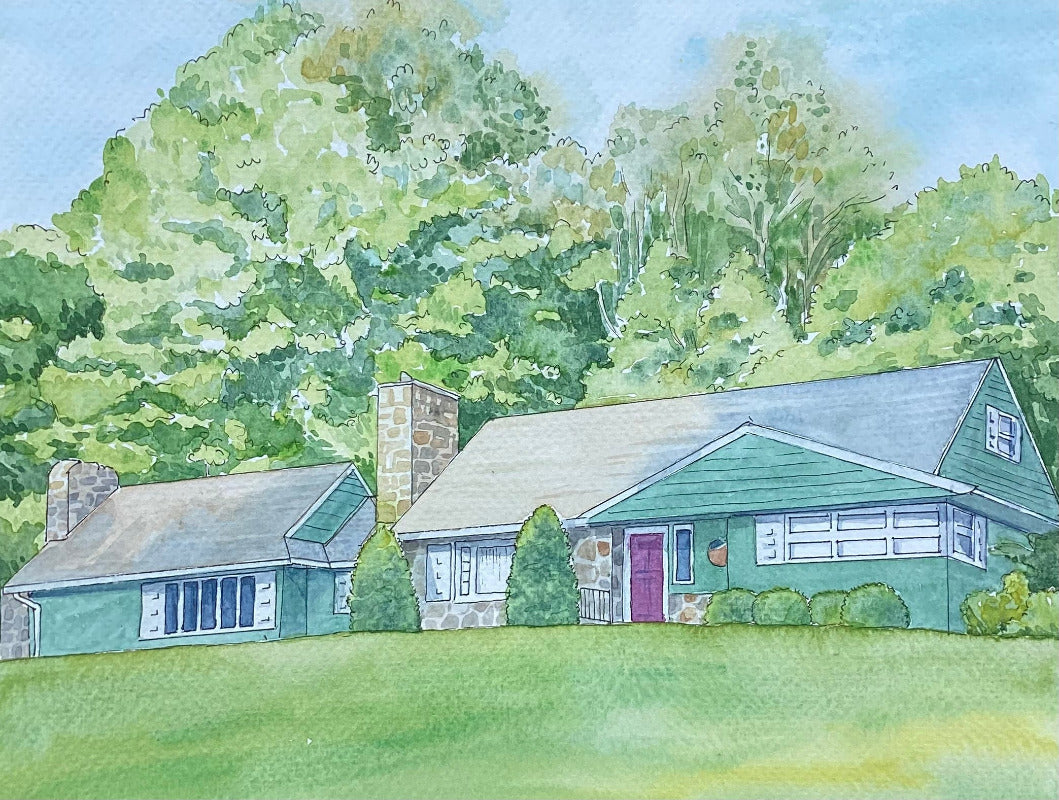 Illustration of a suburban house with trees in the background