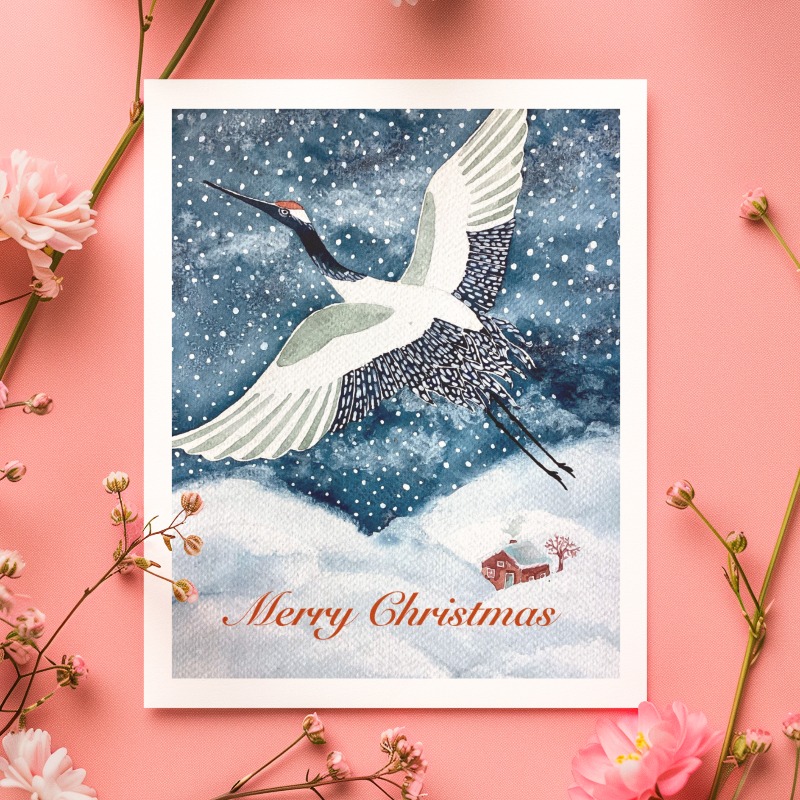 Christmas card with a crane design on a pink background with flowers