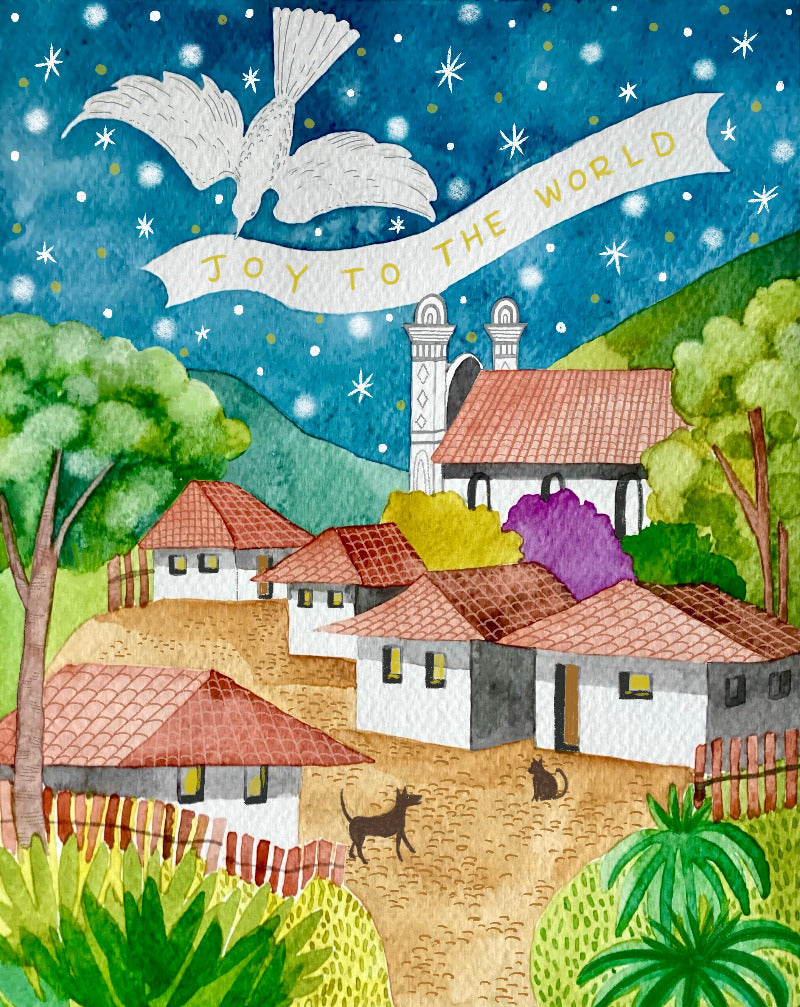 Illustration of a village scene with a dove carrying a banner reading 'Joy to the World' against a starry night sky.