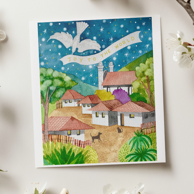 Christmas greeting card with a colorful illustration of a village scene, surrounded by white flowers