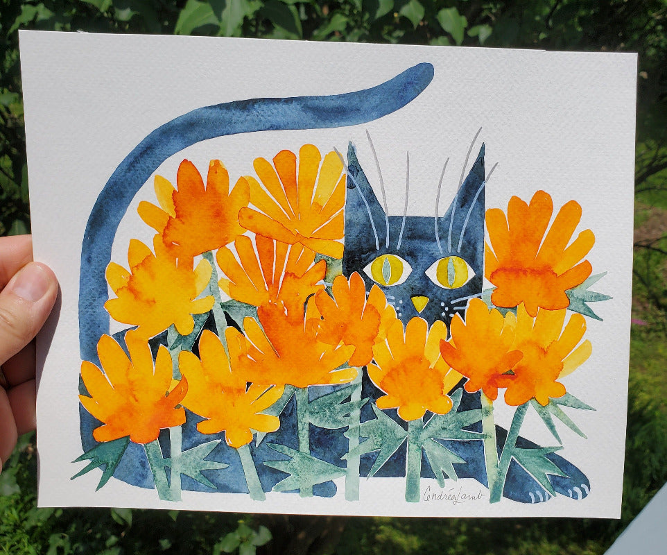 Illustration of a cat's face surrounded by orange flowers on a white background.