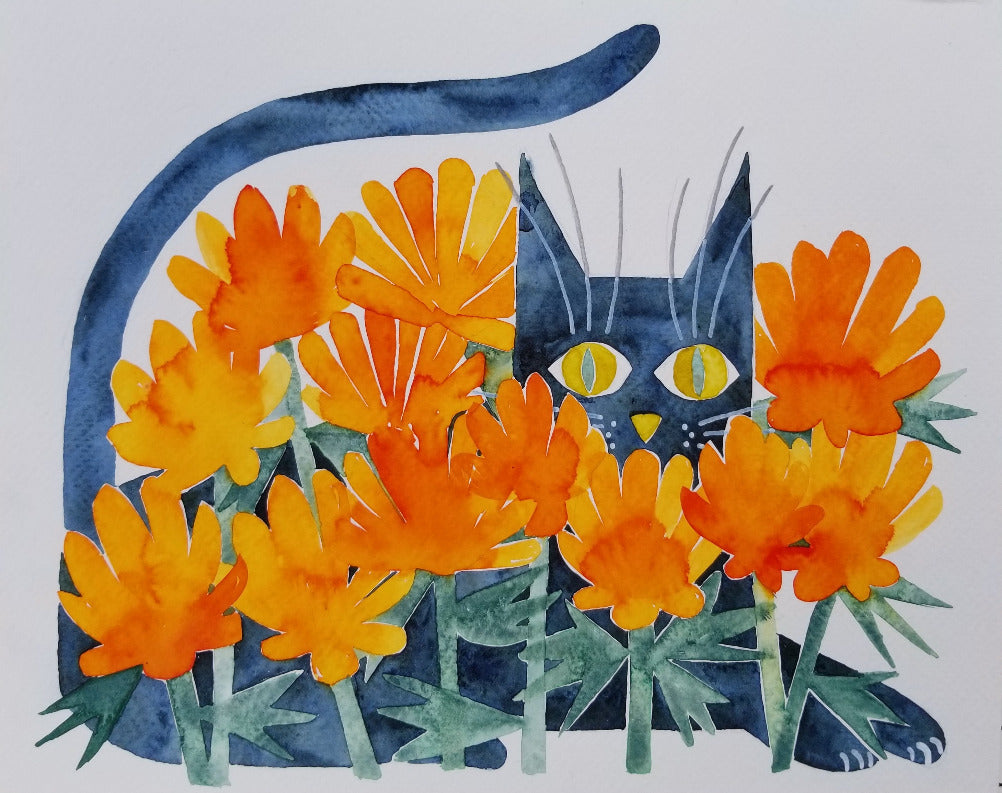 Illustration of a black cat surrounded by orange flowers on a white background