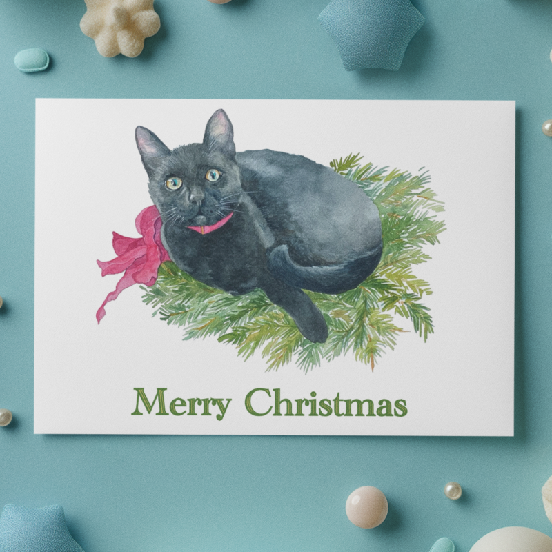 Kitty in wreath Christmas card