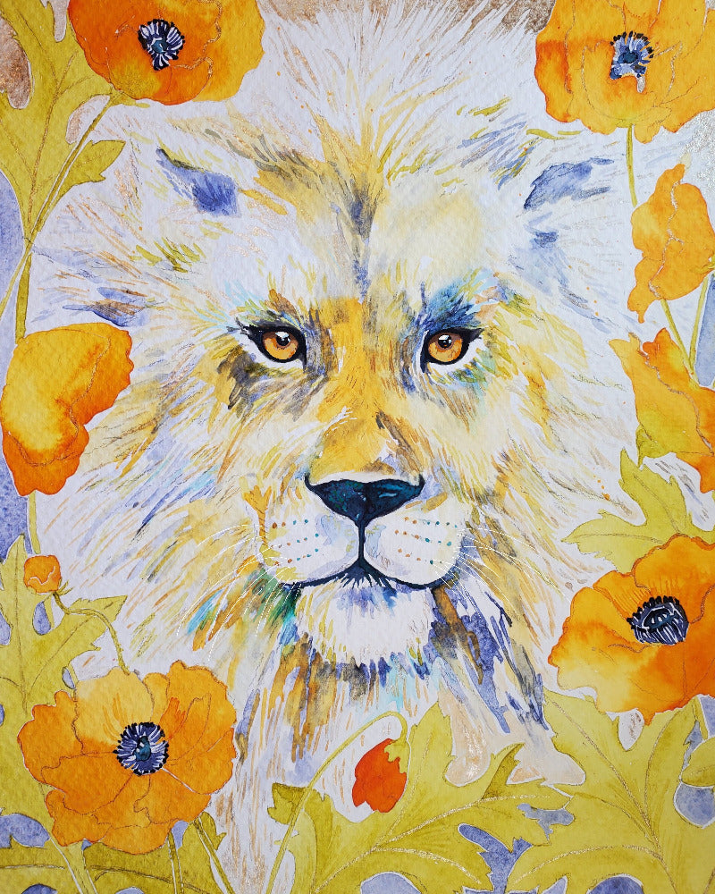Painting of a lion surrounded by orange flowers