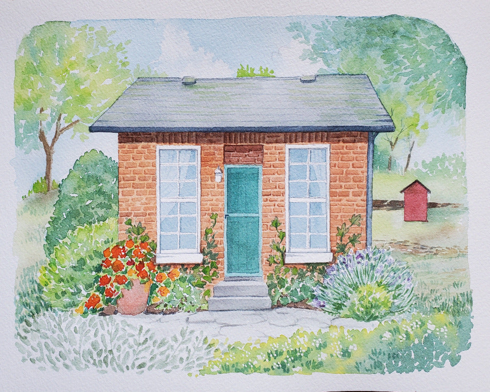 Illustration of a small brick house with a green door, surrounded by flowers and trees.