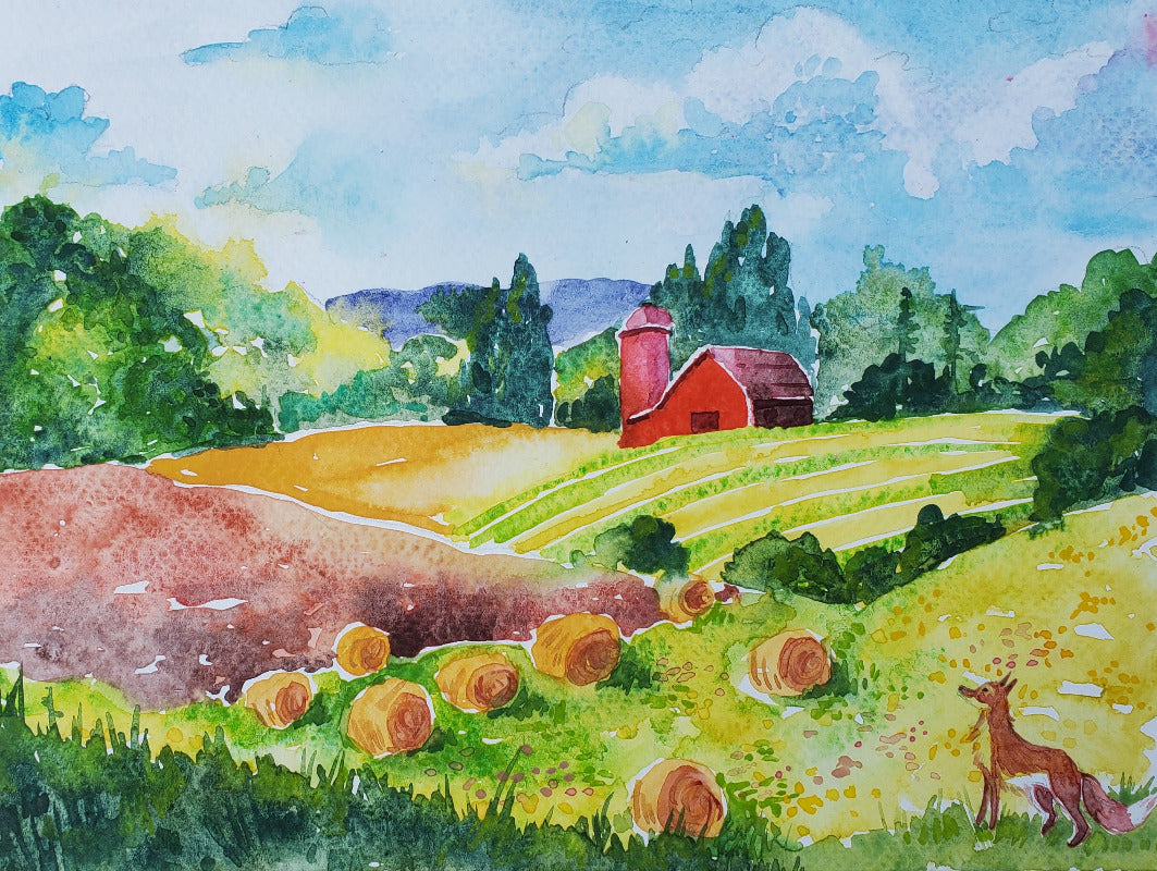Watercolor painting of a rural landscape with a red barn, fields, and a fox.