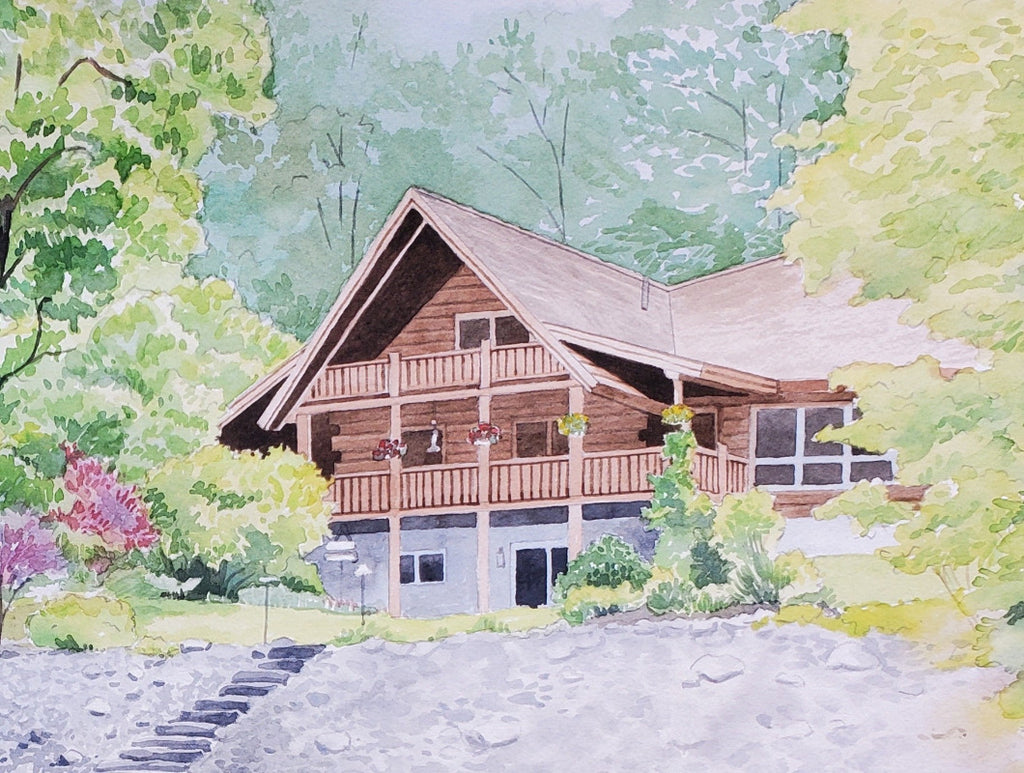 Painting of a wooden cabin surrounded by trees and flowers