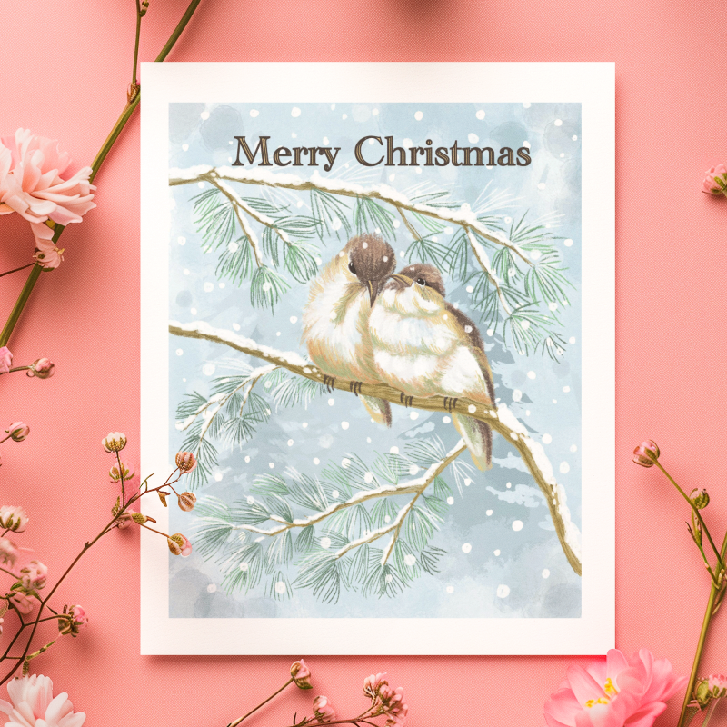 Christmas card with two birds on a branch surrounded by pink flowers on a pink background