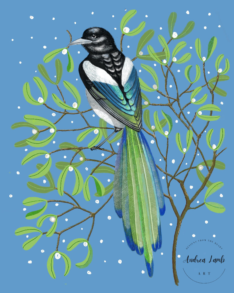 Illustration of a bird on a branch with mistletoe against a blue background