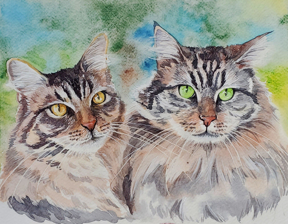 Watercolor painting of two cats with a colorful background