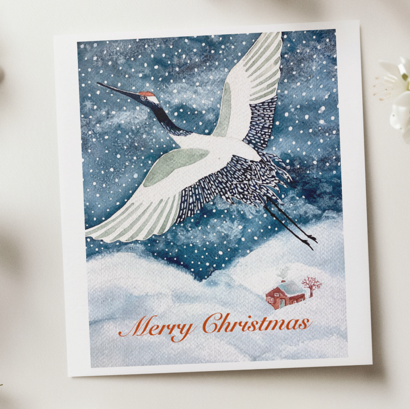 Christmas card with cranes and snowflakes surrounded by white flowers on a light background