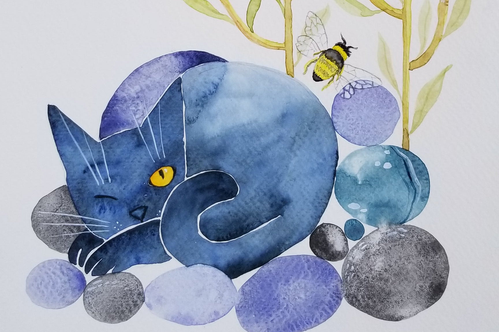 Blue cat with purple flowers and a bee on a light gray background