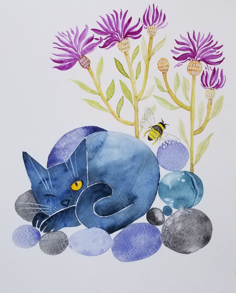 Blue cat, purple flowers, and a bee on a light gray background