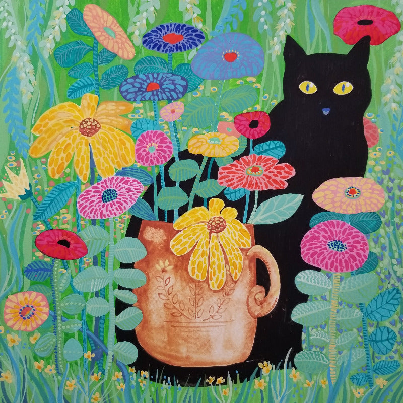 Colorful illustration of a black cat with a watering can and flowers on a green background