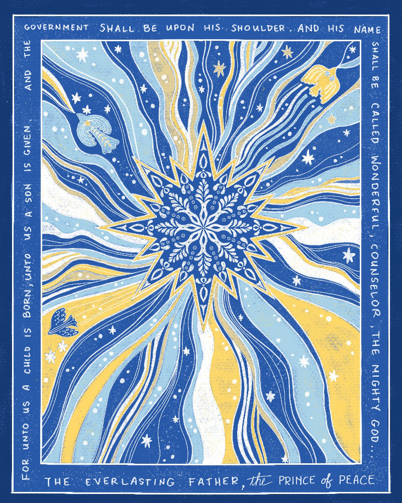 Decorative poster with celestial design and text on a blue background