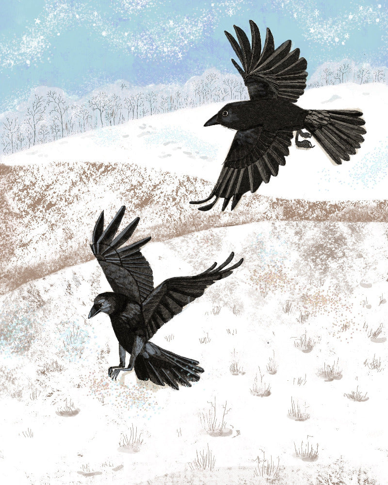 Two black crows flying over a snowy landscape with trees in the background.
