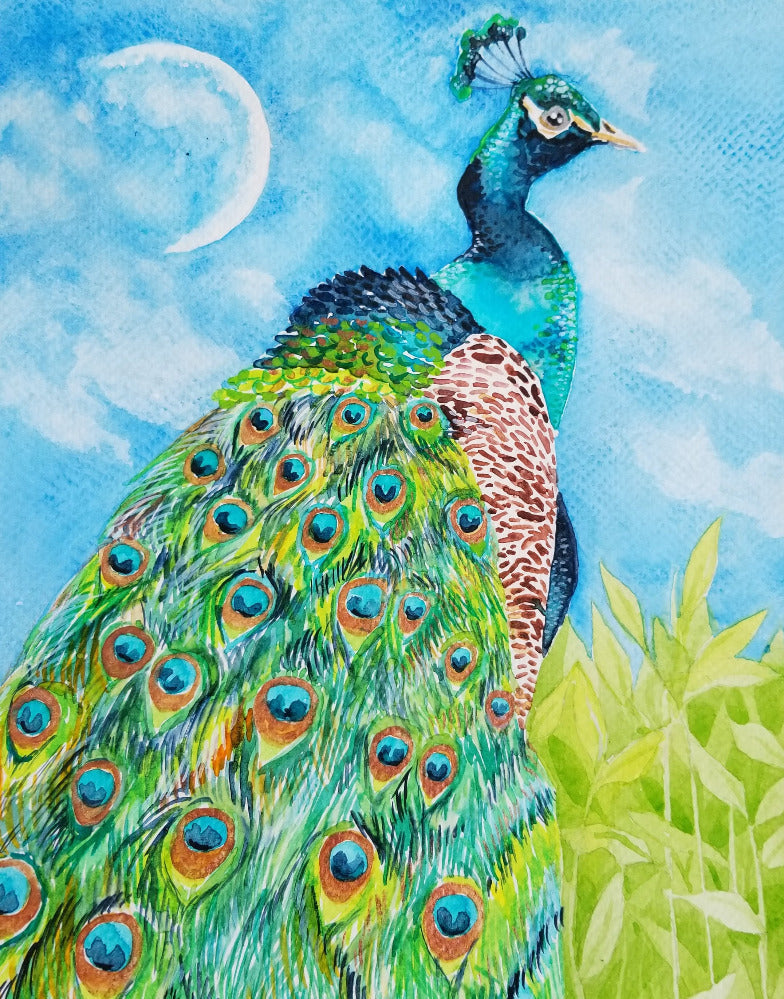 Colorful painting of a peacock with a blue sky and moon in the background