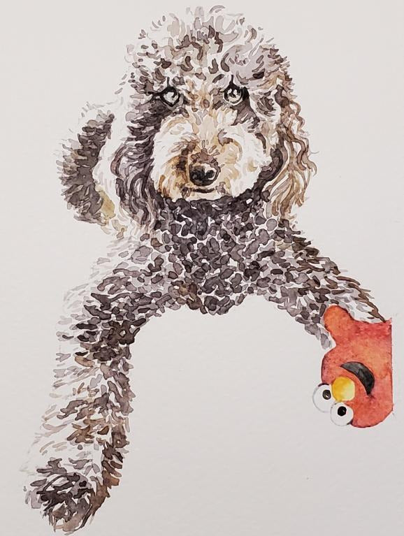 Illustration of a dog holding a toy on a light gray background