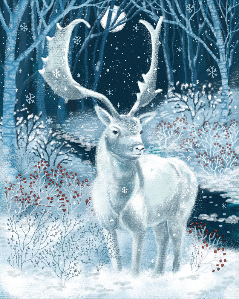 White deer with large antlers in a snowy forest