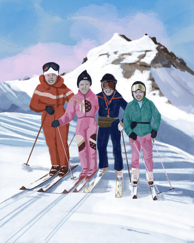 Four skiers in colorful outfits on a snowy mountain with a clear blue sky.