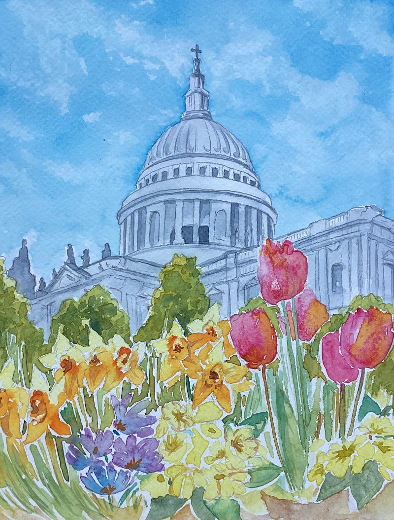Illustration of a building with a dome and flowers in the foreground