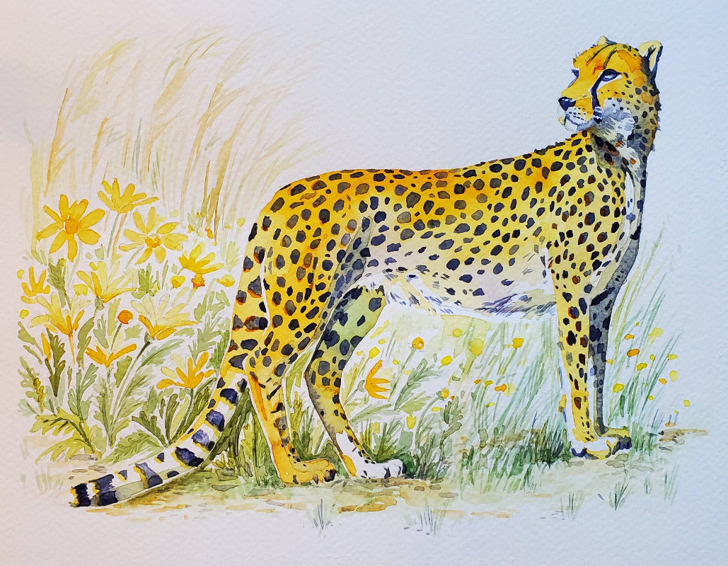 Illustration of a cheetah standing in a grassy field with flowers