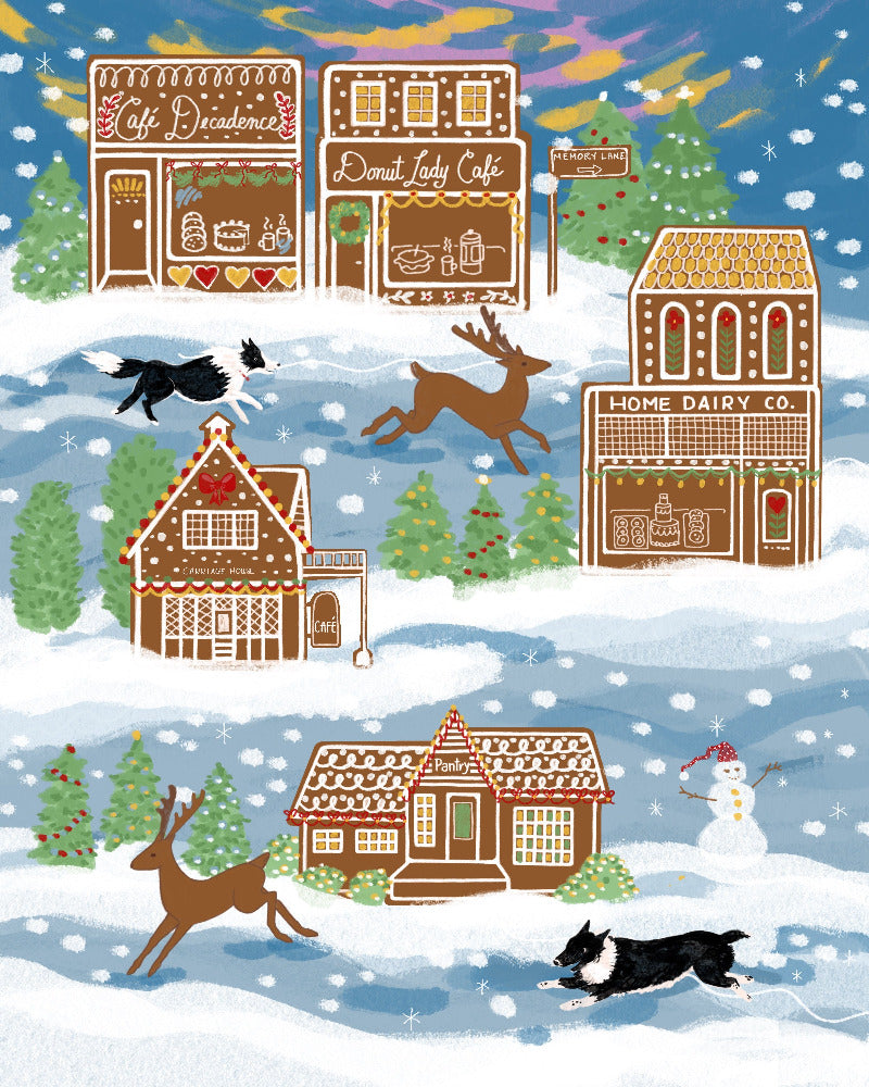 Illustration of a snowy village scene with gingerbread houses, reindeer, and a dog.