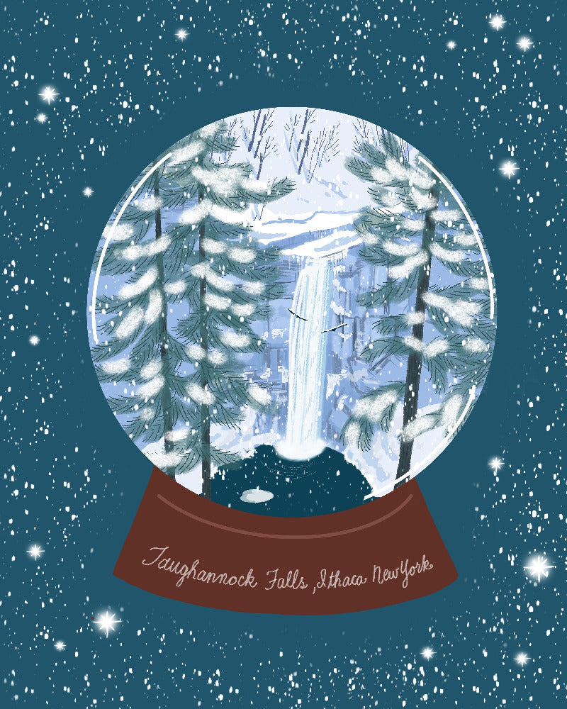 Illustration of a snow globe with a winter forest scene on a dark blue background with snowflakes.