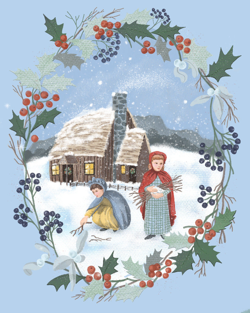 Winter scene with two people in front of a snow-covered cabin, surrounded by holly leaves and berries.